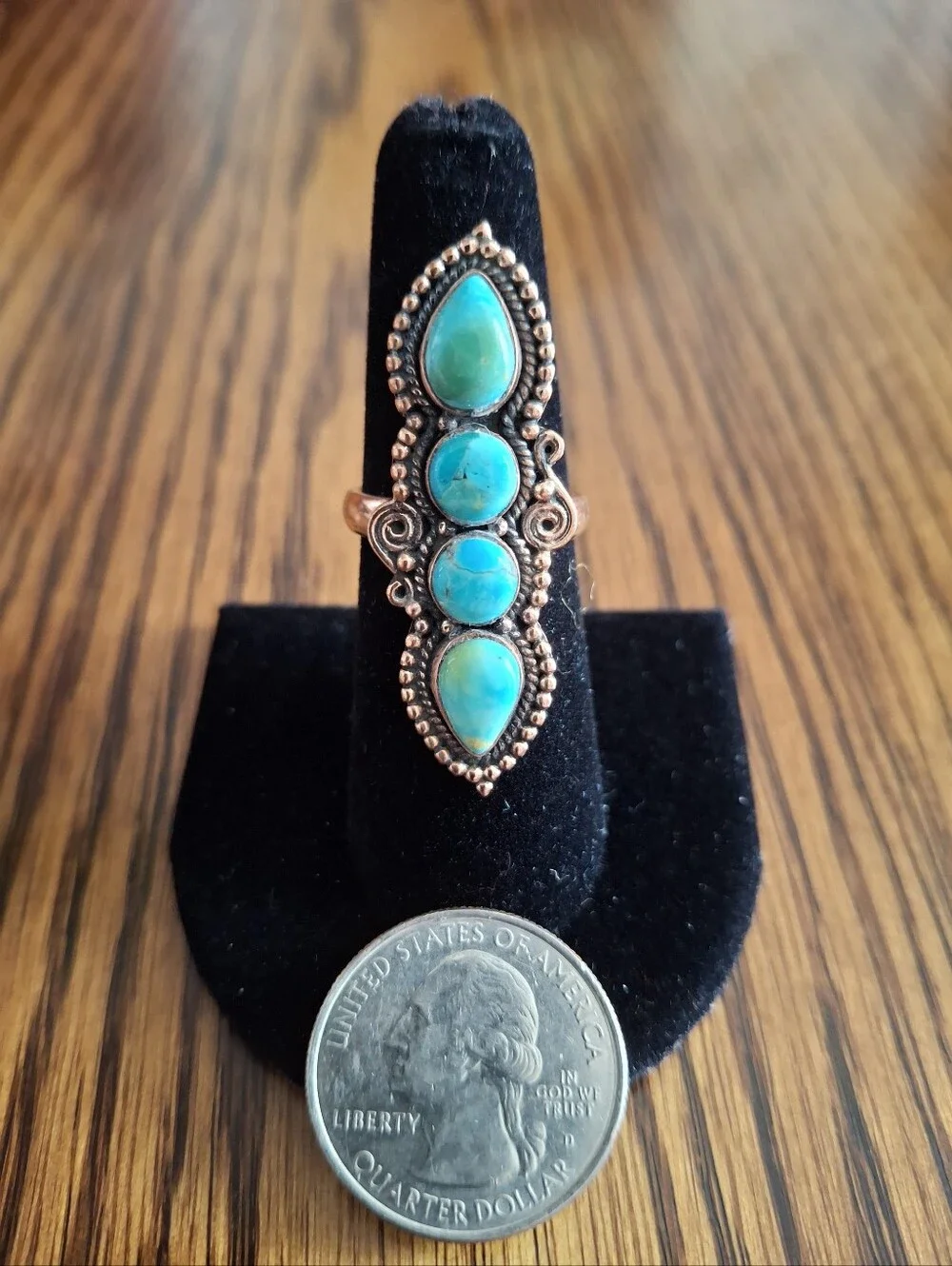 Ring Turquoise 4 Natural Stones On Copper Setting And Band Size 7